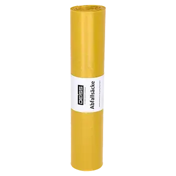 Müllsäcke 70 x 110 cm 120 Liter gelb HDPE, Typ 20, für die Abfallsammlung, ideal für leichte Abfälle, Kunststoffabfälle und die einfache Unterhaltsreinigung. Diese Müllsäcke bestehen aus ressourcenschonendem Recycling-Material. 50 Beutel auf der Rolle, VE: 10 Rollen im Karton ( 500 ), Art.Nr.: 402.149